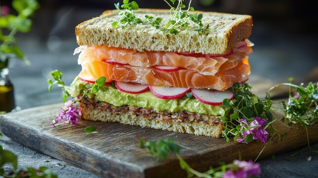 Premium bespoke sandwich with smoked salmon, radish slices, avocado spread and microgreens on artisan seeded bread with purple flower garnish on wooden board