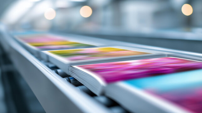 Colorful printed materials on conveyor belt with defocused motion, faceless production line, printing visualization detail, blurred transport system, manufactured output concept, d