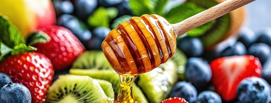 Indulge in a colorful fruit salad with honey drizzled over vibrant strawberries, kiwi, blueberries, and mint on a bright sunny day