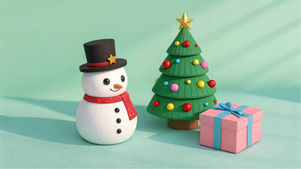 Christmas decoration set with snowman, tree and gift