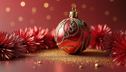 Red Christmas ornament with gold beading on satin surface, glowing festive elegance