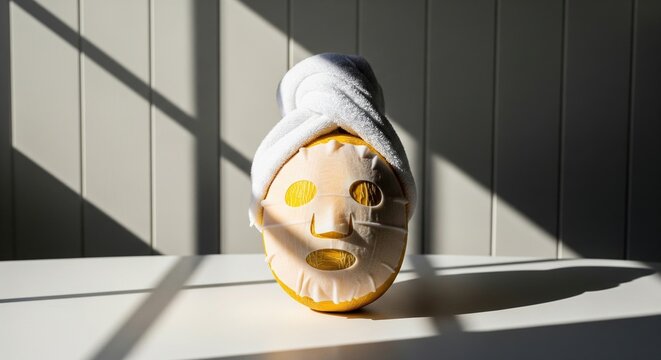 Yellow melon with sheet face mask under white towel, sunlit home interior still life with hard window shadows, playful spa wellness concept