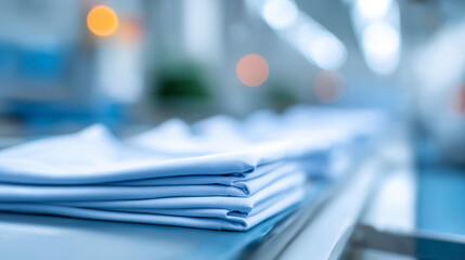 T-shirt manufacturing with printing machine defocused factory, faceless garment production, manufacturing visualization detail, blurred production background, textile printing conc