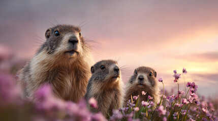 A cute groundhog on a festive spring day. Groundhog Day. A groundhog with fluffy fur. Landscape view.