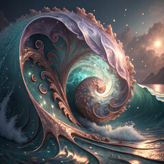 Abstract flowing wave texture with swirling energy and celestial lights illustration