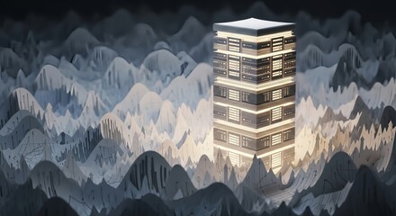 Modern data center shines amidst abstract financial chart landscape