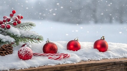 A festive, panoramic Christmas scene. The foreground features a wooden surface covered in a thick layer of pristine white snow. Scattered across the snow are several red Christmas ornaments of varying