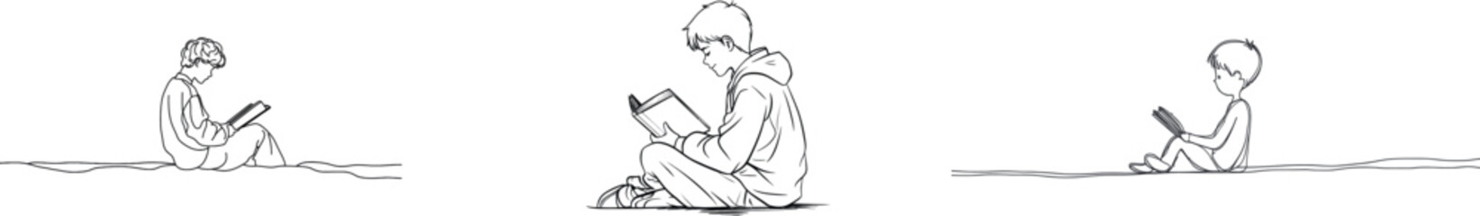 Continuous line drawing artfully represents children sitting and studying by reading books, conveying an educational idea