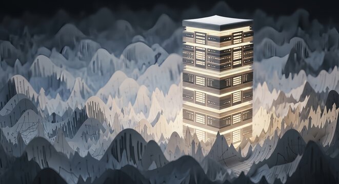 Modern data center shines amidst abstract financial chart landscape