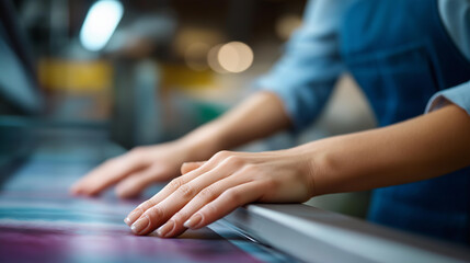 Woman hands working at printing equipment with defocused factory, faceless production worker, manufacturing visualization detail, blurred industrial background, printing operation