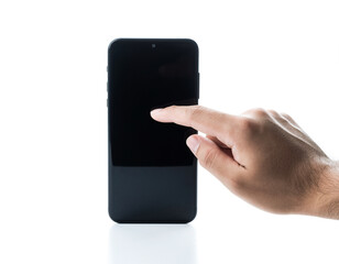  touching black smartphone screen with index finger