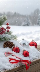 A festive, panoramic Christmas scene. The foreground features a wooden surface covered in a thick layer of pristine white snow. Scattered across the snow are several red Christmas ornaments of varying