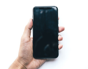 holding a black smartphone vertically,