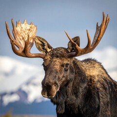 Majestic moose with large antlers against a backdrop of mountains and sky