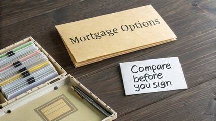 Financial planning with mortgage options guide, comparison note on wood table, organized documents, and pen for decision making