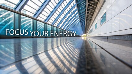 Contemporary architectural interior with motion blur effect and motivational text emphasizing focus and energy in an urban environment