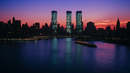 City skyline glows at sunset, tall buildings reflect deep orange and blue light over dark water for a peaceful evening scene.