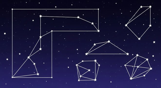 Geometric constellations and shapes against a starry night sky, illustrating abstract astronomical patterns and celestial connections