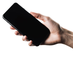 holding black smartphone with screen off