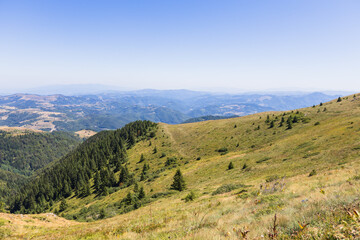 Serene mountain landscape with forest hills and scenic nature background, Kopaonik mountain, Serbia