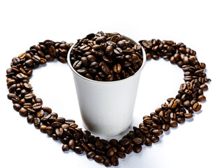 Paper cup with coffee beans forming a heart shape around it