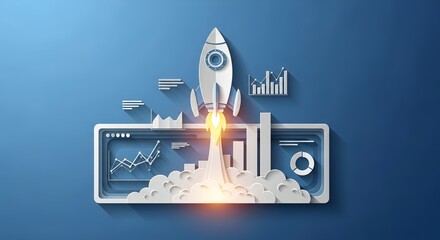 Rocket launch signifies business growth and success with data charts