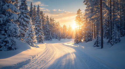 Golden sunbeams illuminate a snowy forest path during a beautiful winter sunset