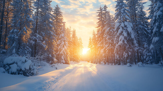 Golden sunbeams pierce through snowy pine trees illuminating a winter forest path