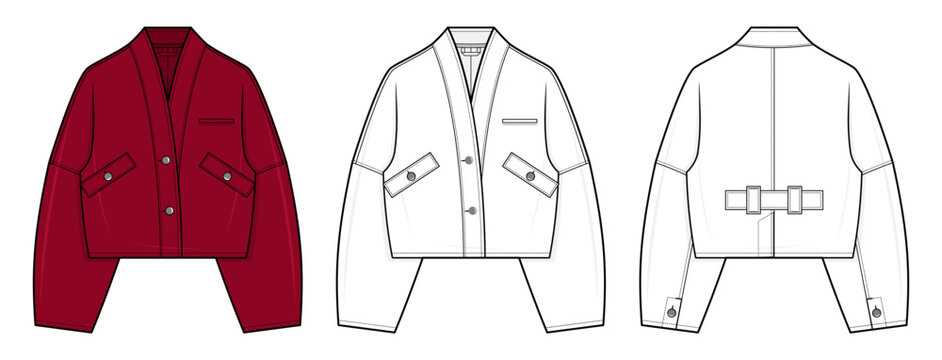 Structured Cropped Blazer Technical Fashion Illustration. Women&rsquo;s Tailored Jacket Vector Template. Front and Back View. Belted Back Tab Detail. Long Sleeves. Elegant Workwear CAD Mockup Set.