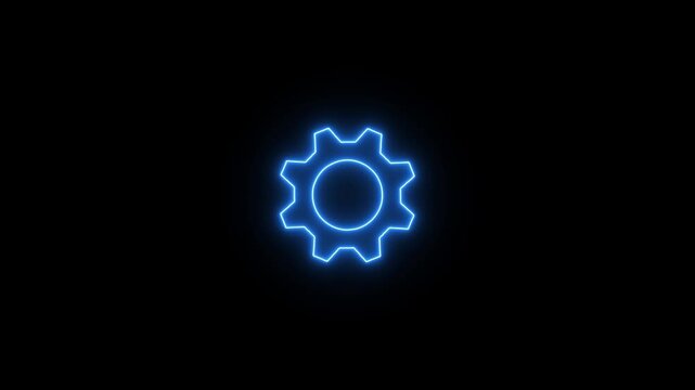 Abstract neon setting icon, Cogwheel with wrench spanner symbol animation. Animated Icon for mechanic maintenance, workshop repair tool. Or web preference setting, on black background.