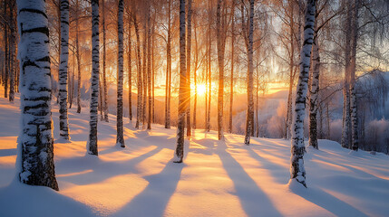Golden hour sunlight streams through birch trees in a snowy winter forest landscape