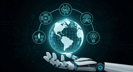 Robotic hand holding the world showcasing global technology innovation