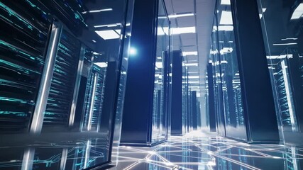 Futuristic data server room filled with glowing racks and digital network connections. Ideal for cybersecurity promos, corporate tech videos, IT education and cloud computing ads.
 - Powered by Adobe