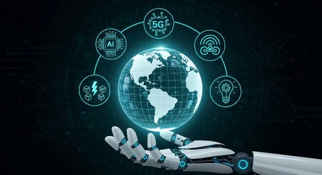 Robotic hand holding the world showcasing global technology innovation - Powered by Adobe