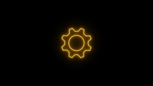 Abstract neon setting icon, Cogwheel with wrench spanner symbol animation. Animated Icon for mechanic maintenance, workshop repair tool. Or web preference setting, on black background.