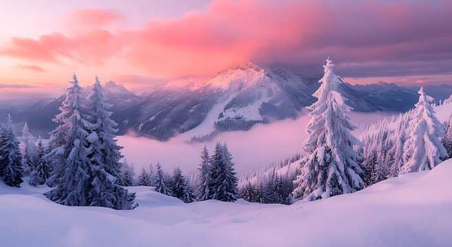 Majestic snow covered evergreen trees and mountains at sunrise with pink and purple sky