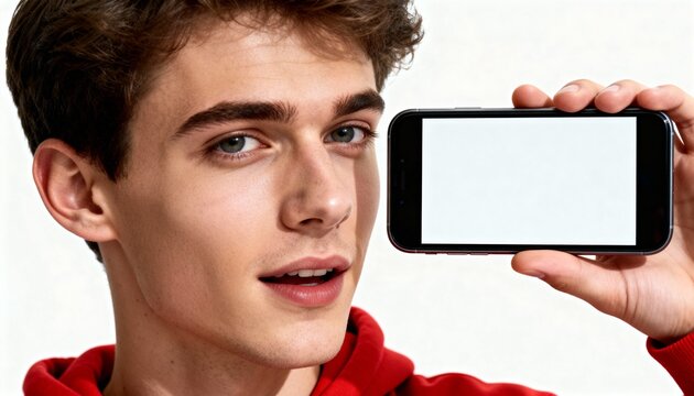 Young man with light skin holding a smartphone with a blank white screen, looking at the viewer.