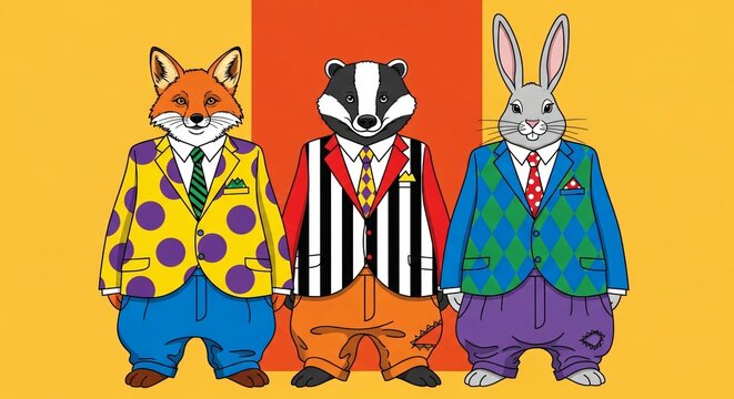 Three anthropomorphic animals, a fox, a badger, and a rabbit, dressed in colorful suits and ties, standing against a yellow background - Powered by Adobe