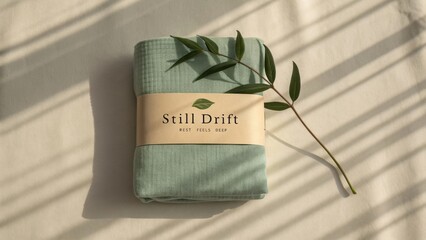 Soft Green Fabric Wrapped with Natural Leaf on a Textured Background and Warm Lighting
