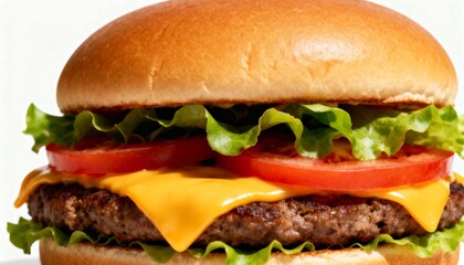 A cheeseburger with lettuce, tomato, and a beef patty.