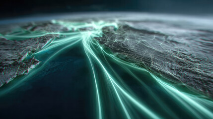 Aerial stylized globe with glowing green lines, digital network, futuristic earth, technology, global connection, energy flow