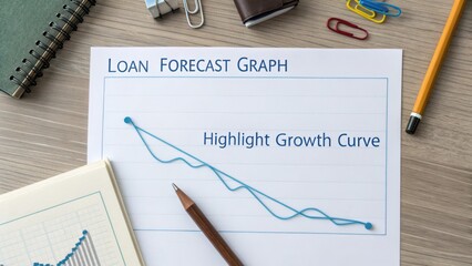 Loan Forecast Graph with Highlighted Growth Curve on Modern Workspace with Stationery Items and Business Tools