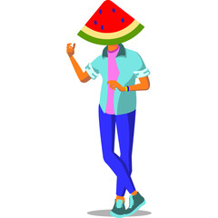 Pixel Art Person Wearing a Watermelon Slice Hat Standing with Blue Jeans and Teal Shirt with Pink Scarf