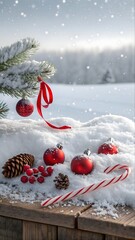 A festive, panoramic Christmas scene. The foreground features a wooden surface covered in a thick layer of pristine white snow. Scattered across the snow are several red Christmas ornaments of varying