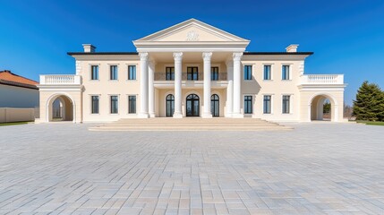 Obraz premium Luxurious two-story villa with European architecture under a clear blue sky evoking elegance and sophistication