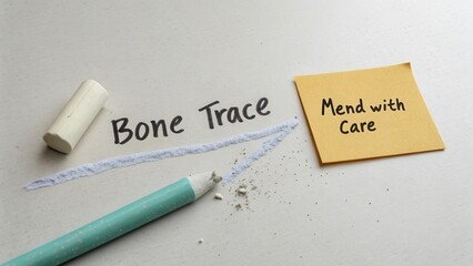 Creative workspace showing chalk, yellow sticky note, and handwriting on white table for artistic projects and ideas