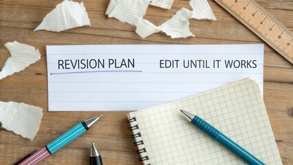 Revision Plan for Creative Process on Working Paper with Stationery Items and Scraps of Paper in a Bright Workspace