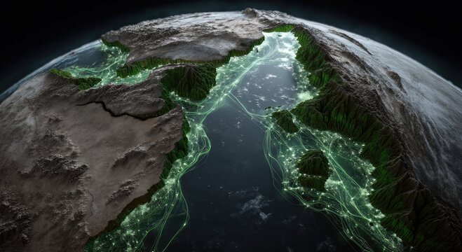 Aerial stylized globe with glowing green network lines, illuminated continents, digital earth, futuristic technology concept