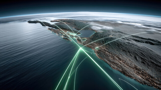 Aerial view of stylized globe with glowing green data lines, digital network connections, futuristic technology concept