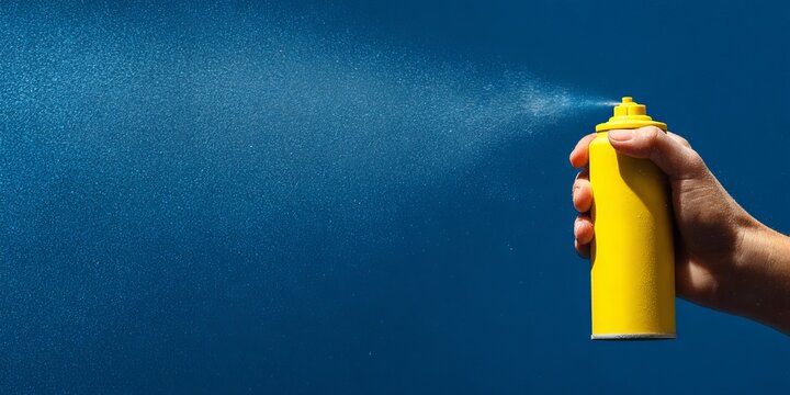 Hand holding yellow spray bottle on blue background